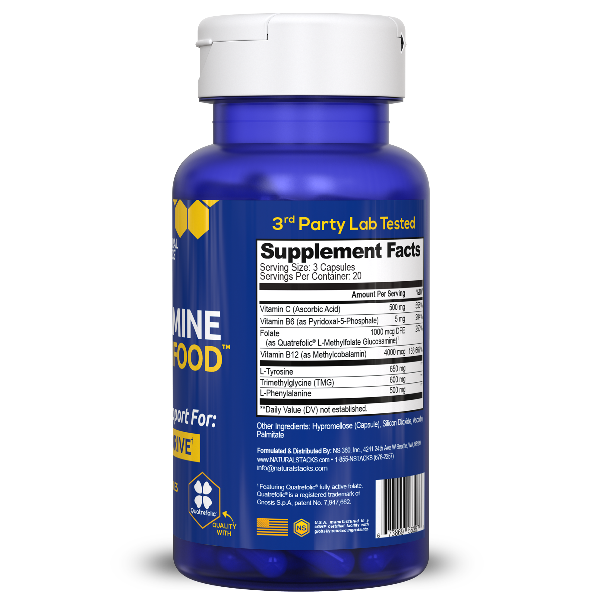 Back of the dopamine brain food bottle with supplement facts