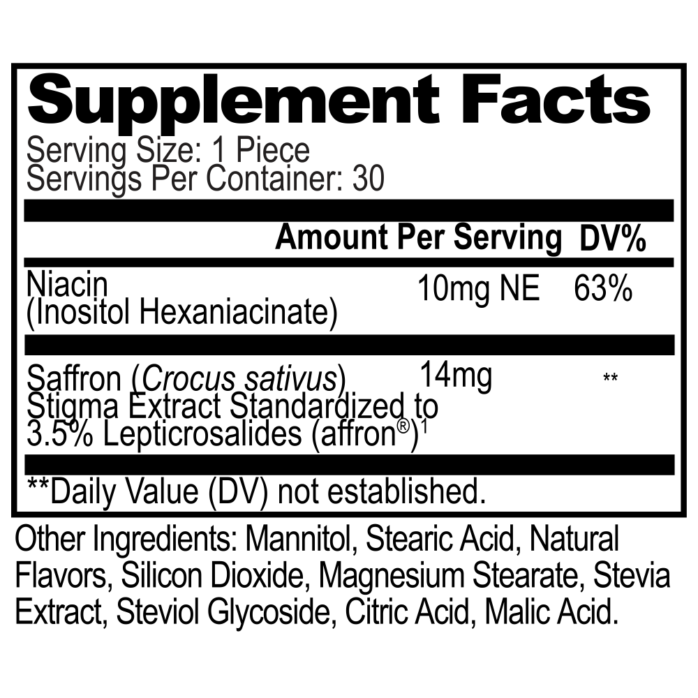 Mood bites supplement facts. Serving size: 1 piece. Servings per container: 30. Amount per serving DV%. Niacin 10mg NE 63%. Saffron 14mg. **DV not established.