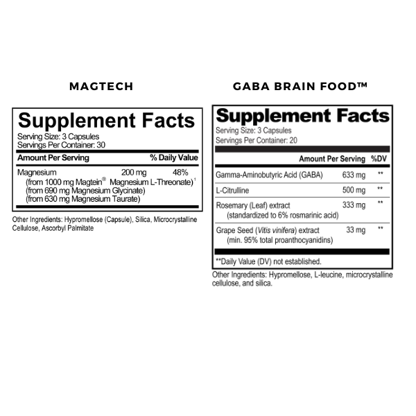 Magtech Supplement Facts. Serving Size: 3 Capsules. Servings Per container 30. Magnesium 200mg. Daily Value 48%. GABA Brain Food Supplement Facts. Serving Size: 3 Capsules. Servings per container: 20. Amount per serving and DV %. GABA 633 mg. L-Cirtulline 500 mg. Rosemary (Leaf) extract 333 mg. Grape Seed Extract 33mg.