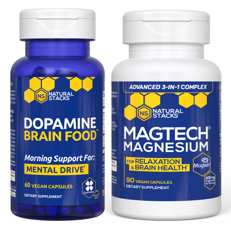 Bottle images of Magtech Magnesium and Dopamine Brain Food.