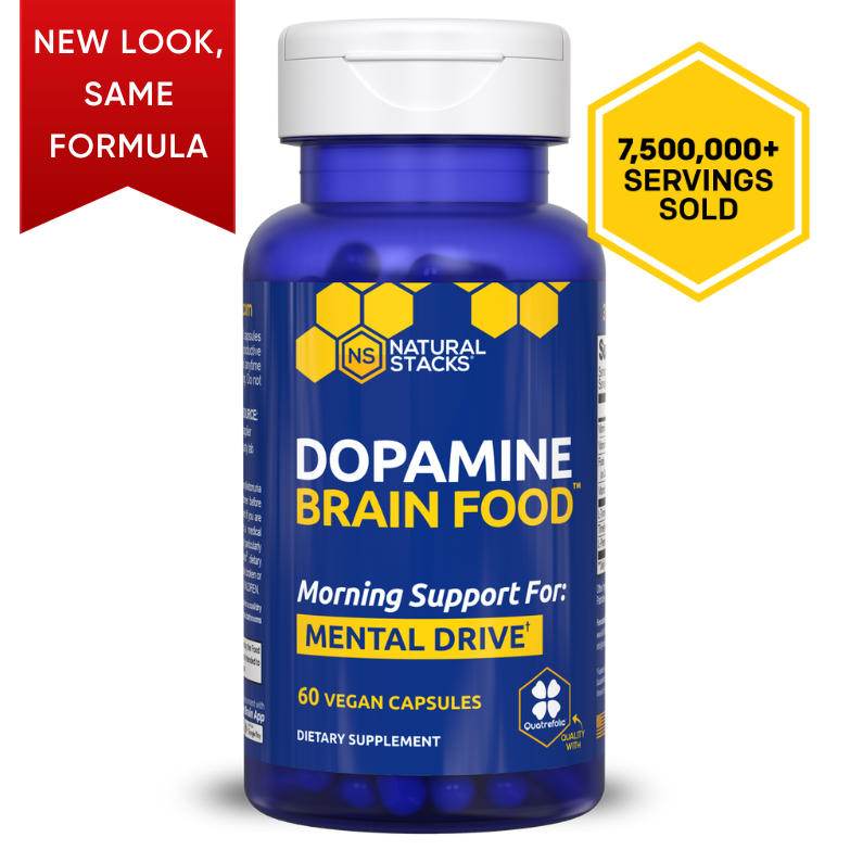 Image of dopamine brain food with a ‘new look, same formula’ badge