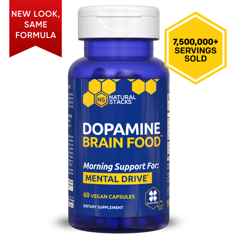 Blue bottle image of Dopamine Brain food with a badge that says 'New Look, Same Formula'